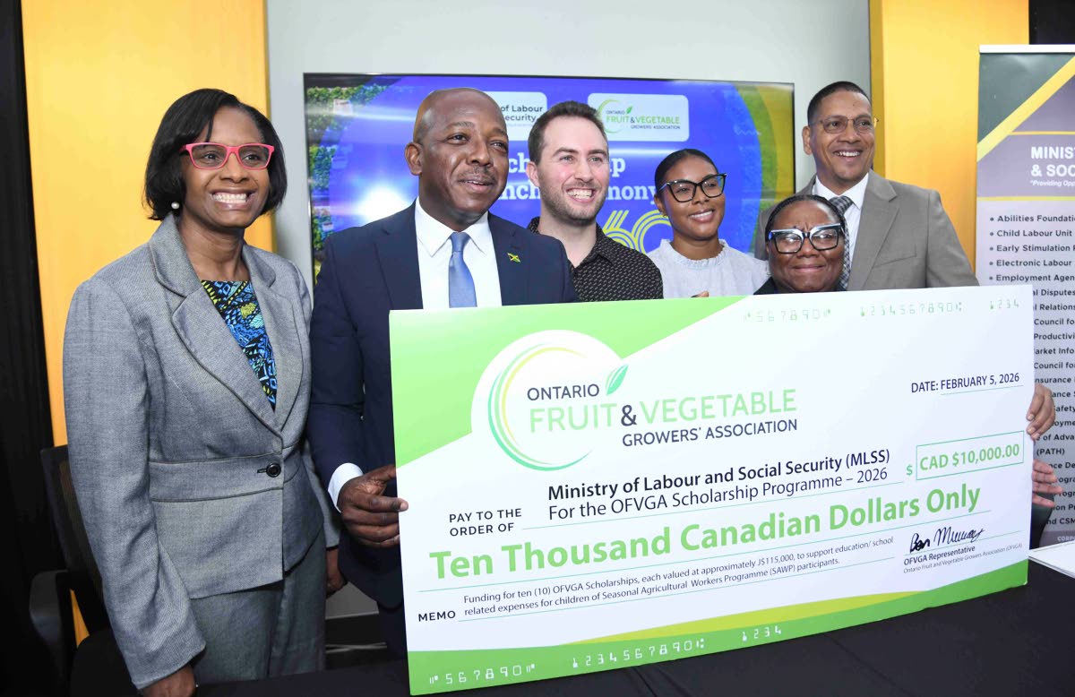 From left: Dione Jennings, permanent secretary in the Ministry of Labour and Social Security; Minister of Labour and Social Security Pearnel Charles Jr; Benjamin Murray, communications adviser at the Ontario Fruit and Vegetable Growers’ Association; Just