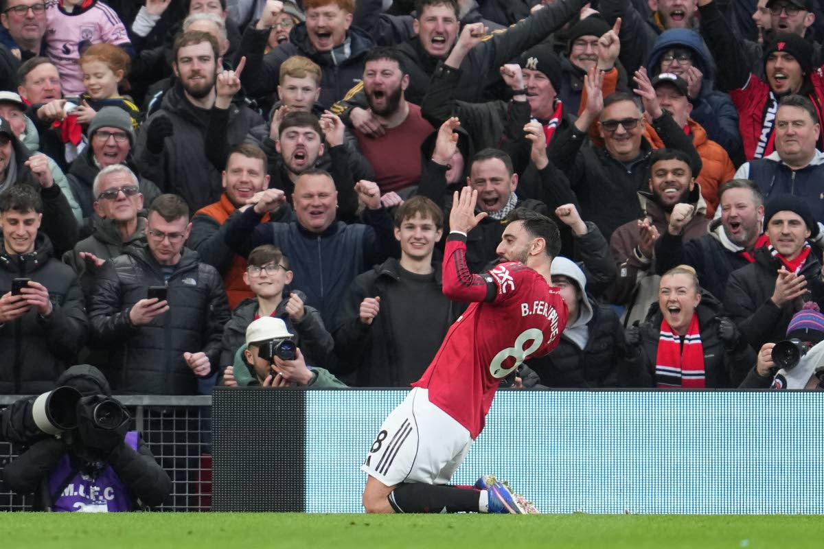 AP 
Manchester United’s Bruno Fernandes celebrates after scoring during the English Premier League football match against Tottenham in Manchester, England, yesterday.