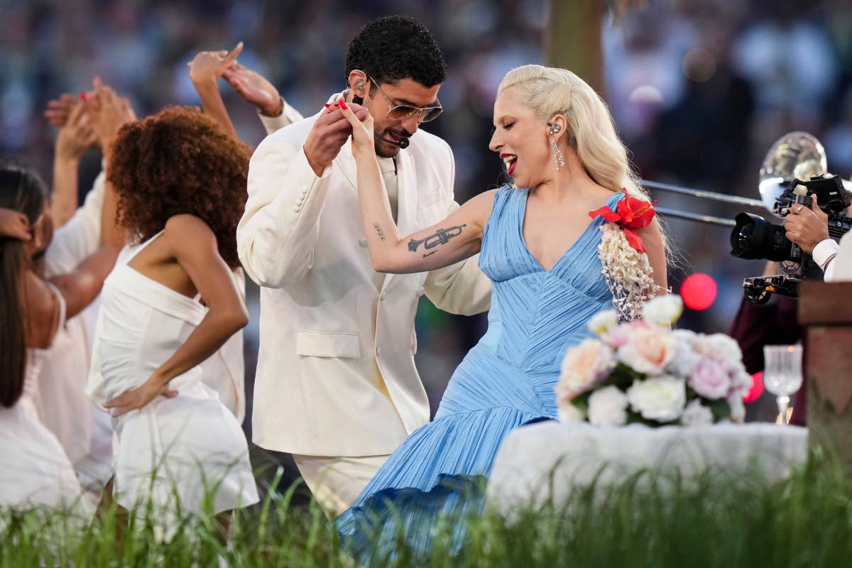 Bad Bunny and Lady Gaga perform during halftime of the NFL Super Bowl 60.