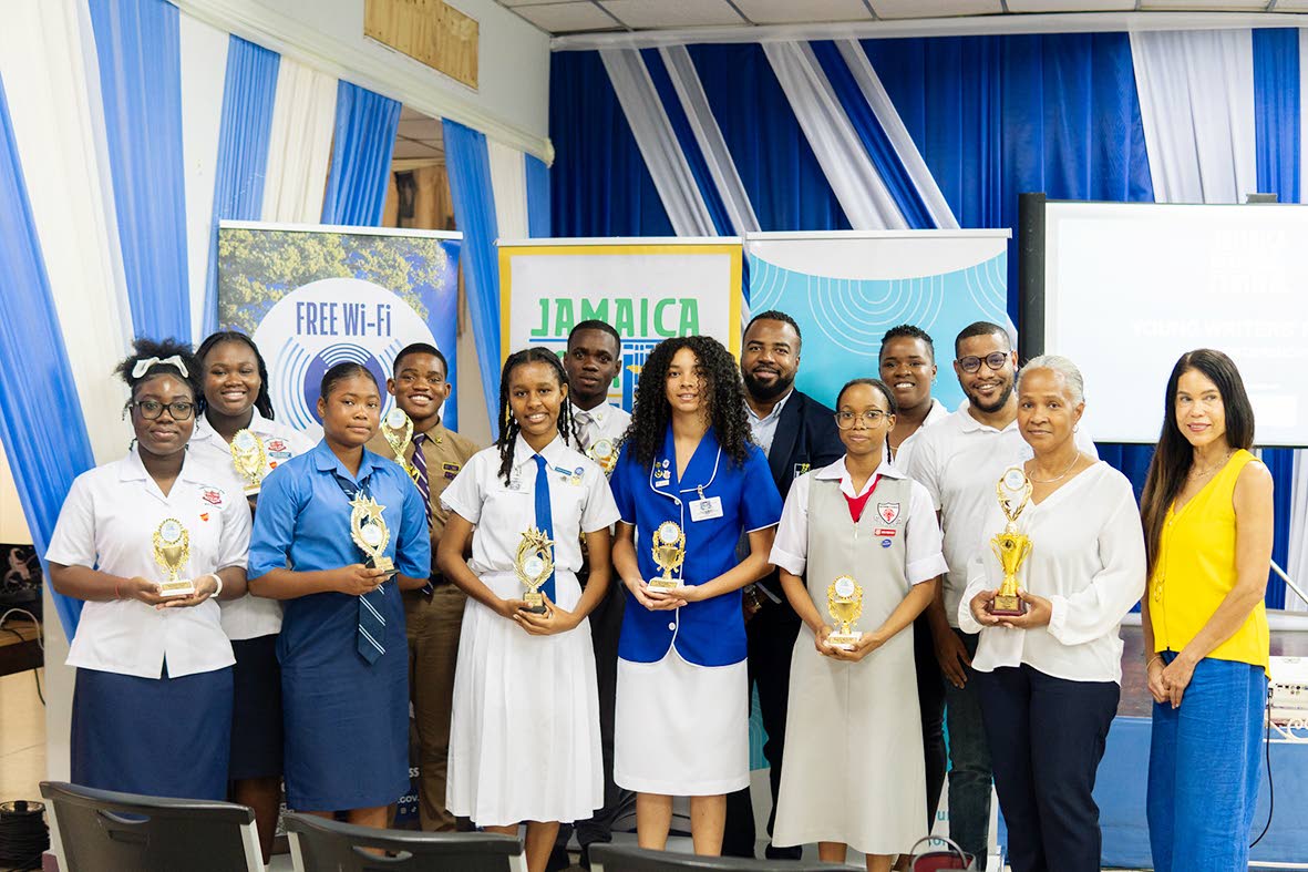 Young Writers’ Prize awardees pictured with festival partners and the Jamaica Book Festival team at the awards ceremony. 
