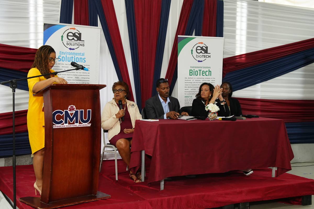 Presenters at the ‘Advancing the Circular Economy’ Workshop, staged at the Caribbean Maritime University on Tuesday. Among them is Eleanor Jones (seated, first from left), head of Environmental Solutions Limited, which organised the event.