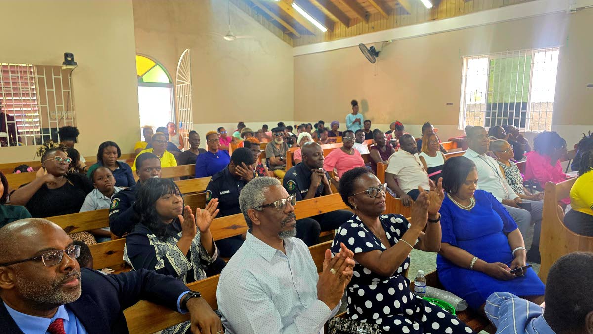 The large congregation in attendance at the More FM 14th anniversary church service at the Duncans Evangelistic Centre in Trelawny on Sunday.