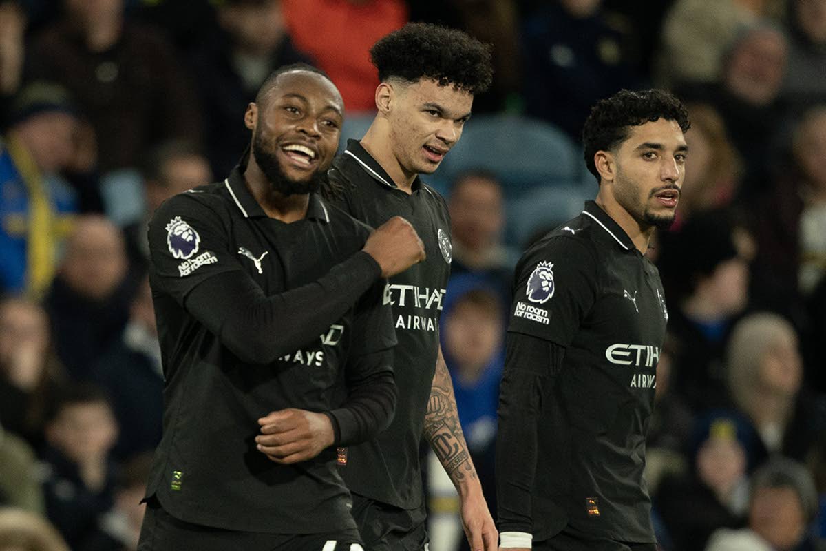 
Manchester City’s Antoine Semenyo (left) reacts after scoring during the Premier League football match against Leeds United in Leeds, England, yesterday.