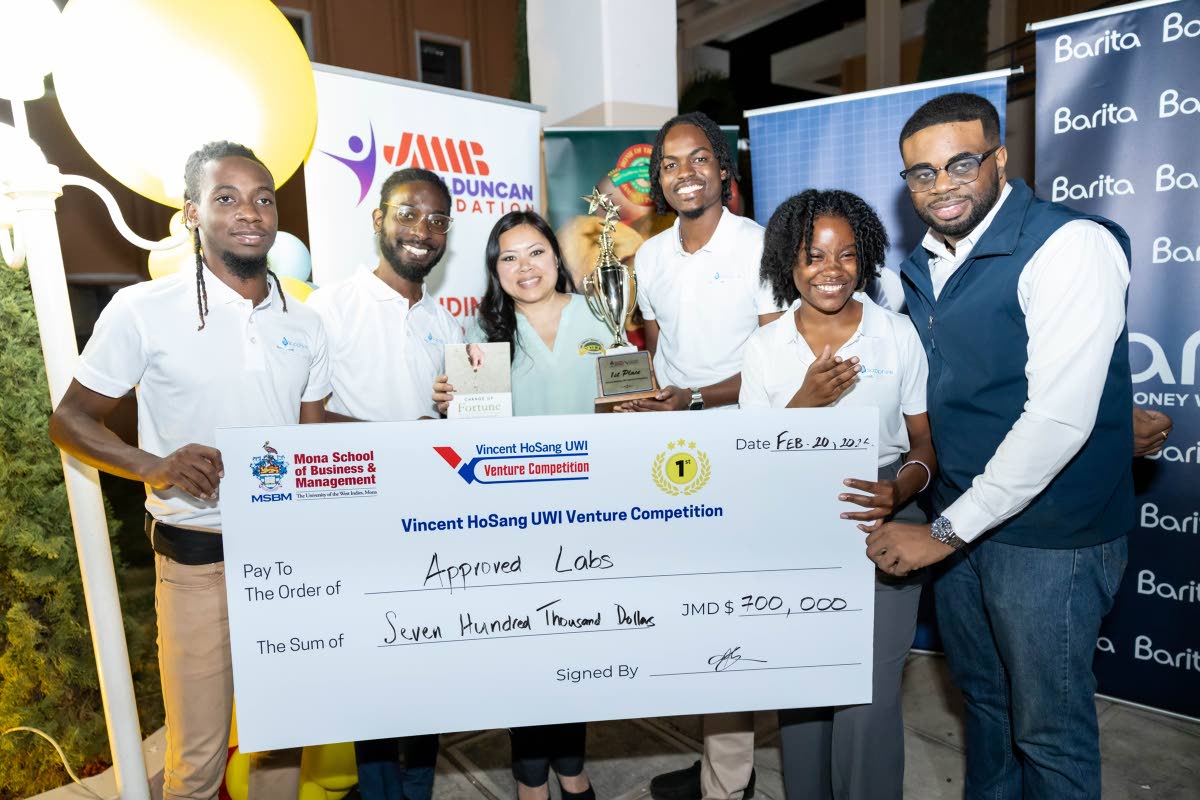 From left: Raheem Williams, head of AI & Learning System; Damion Henry, head of technical development; Akeem Hutchinson, CEO & head of product strategy; Simone HoSang, representing the Vincent HoSang family; Vanessa Andrews, head of student learning scienc