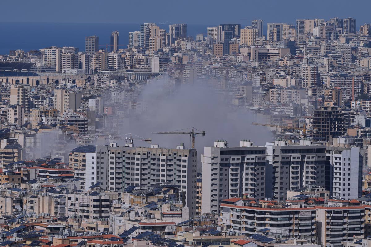 Smoke rises from Israeli airstrikes on Dahiyeh, a southern suburb of Beirut, Lebanon, Monday, March 2, 2026. 