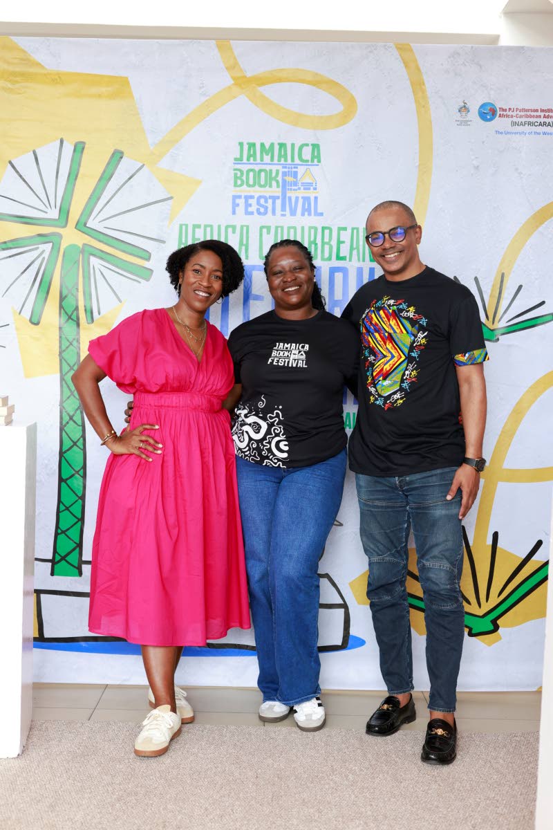 Latoya West-Blackwood (centre), founder and director of the Jamaica Book Festival, pauses for a picture-perfect moment with panellists Andrea Dempster Chung (left), founder of Kingston Creative, and Scott Dunn, group managing director of Dream Entertainmen
