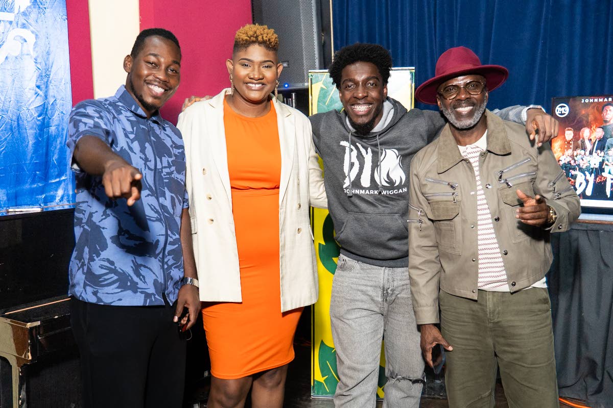 From left: Gospel artiste Prince Saj; Alicia Taylor, vocal coach; gospel artiste Johnmark Wiggan, and media personality Ian ‘Ity’ Ellis share a moment following the conclusion of the ‘By Fire’ media launch held at the Vera Moody Concert Hall at the