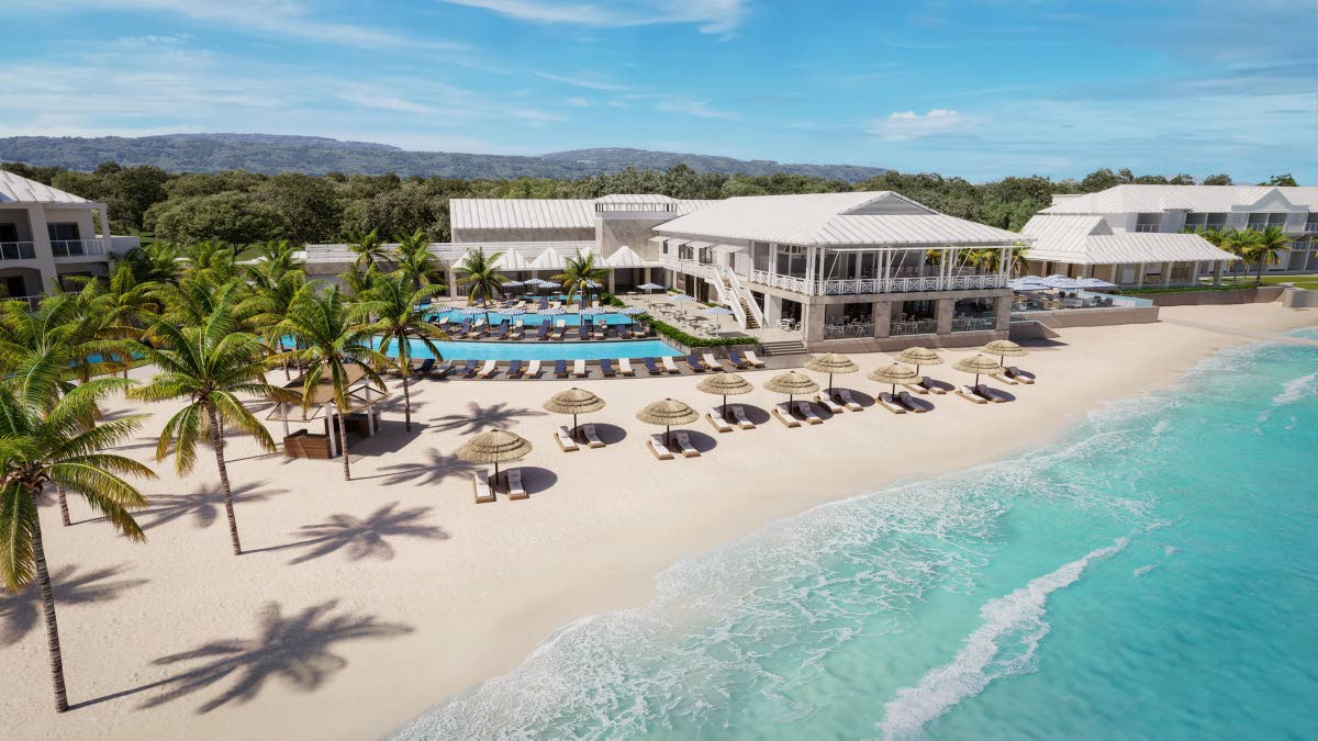 An aerial rendering of Sandals Montego Bay, showcasing uninterrupted ocean views and a reimagined beachfront experience.