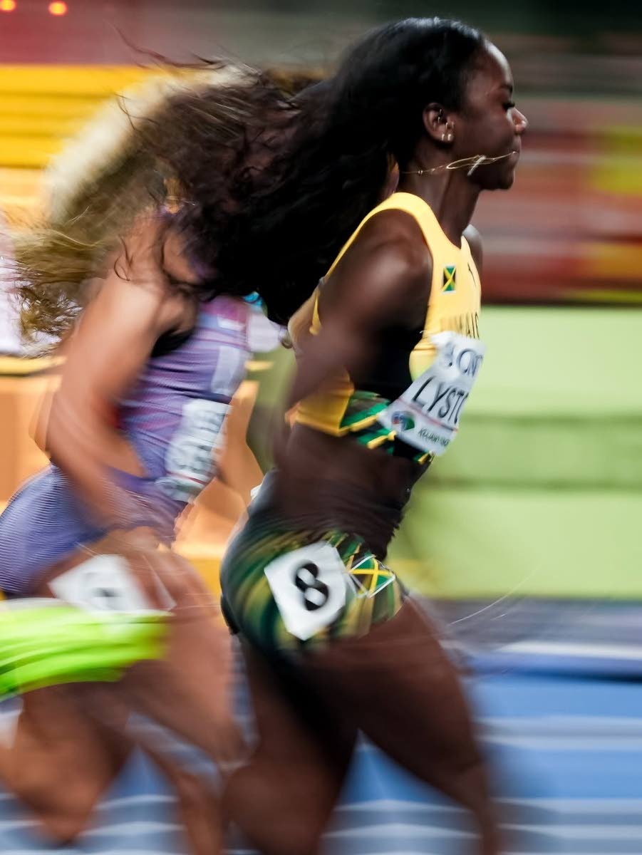 Jamaica’s Brianna Lyston edges ahead during the women’s 60-metre semi-final at the World Athletics Indoor Championships inside the Kujawsko-Pomorska Arena in Torun, Poland yesterday.