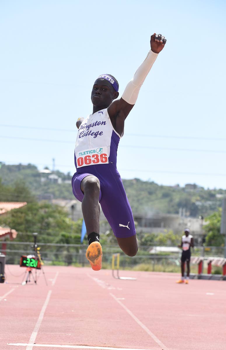 Alexander Pusey of Kingston College wins the Class Two long jump with a leap of 7.05 metres at last month’s Corporate Area Athletics Championships. The meet was held at the Ashenheim Stadium, Jamaica College.
