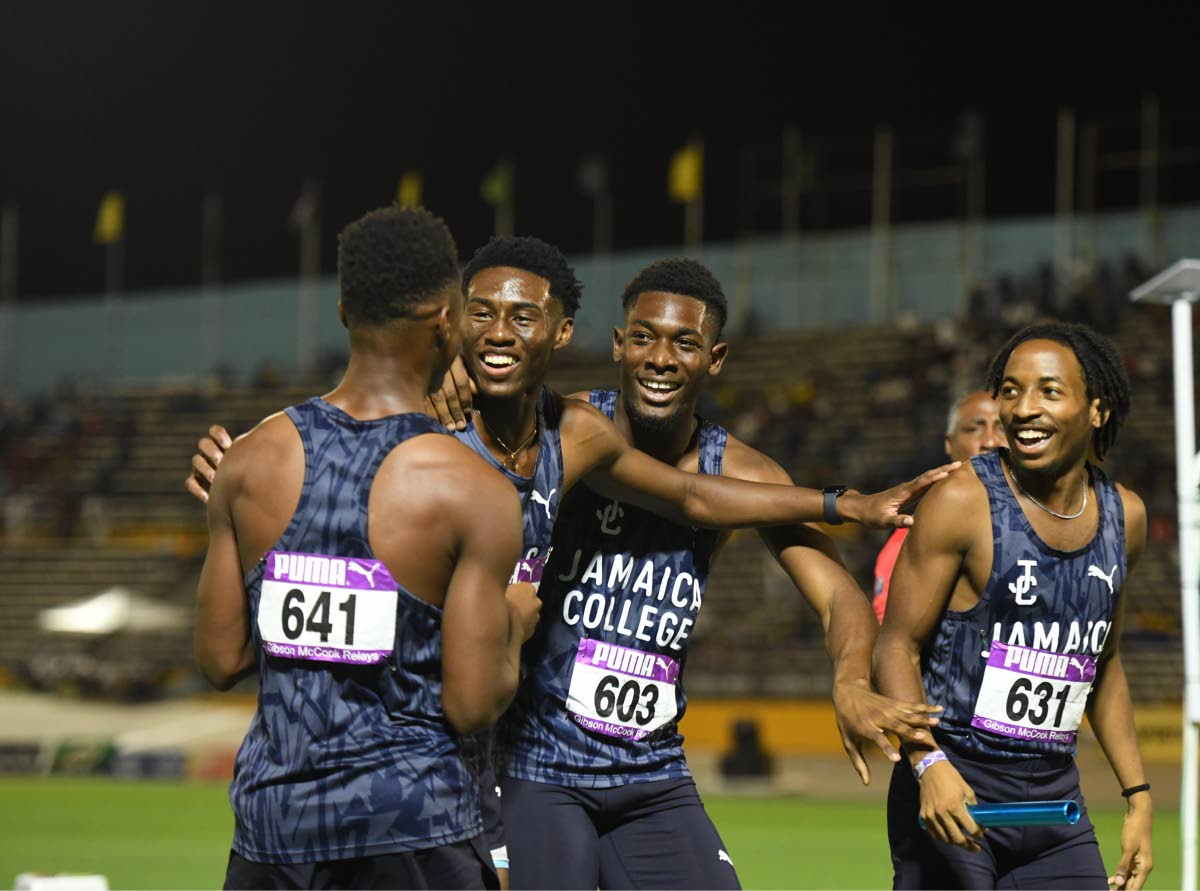 Jamaica College athletes celebrate after capturing the 4x400m Open final at the Gibson McCook Relays  on Saturday, February 28 at the National Stadium.
