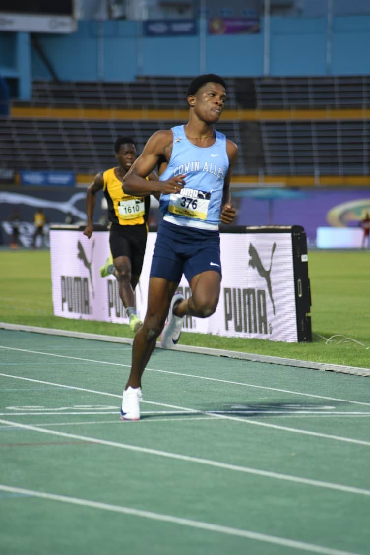 Edwin Allen’s Romario Finnigan powers to a personal best 10.18 seconds in the Boys’ Class One 100m preliminaries at the ISSA/GraceKennedy Boys and Girls’ Athletics Championships at the National Stadium on March 24, 2026. (Ian Allen photo)