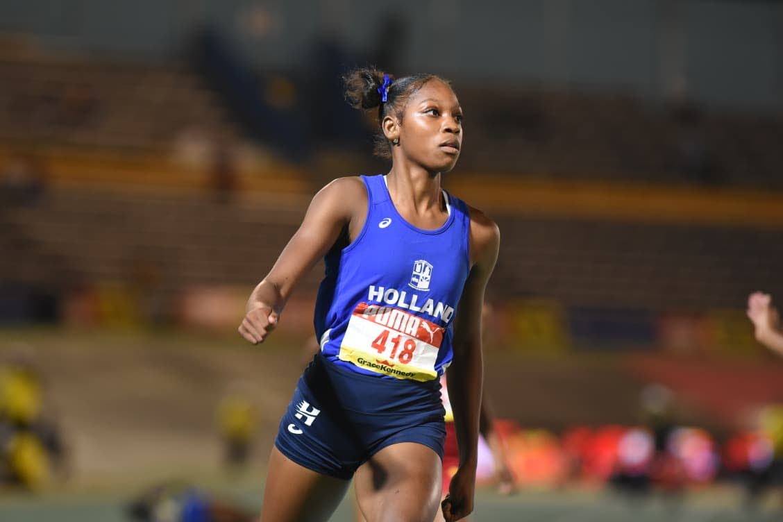 Shanoya Douglas won the girls' Class One 100m final at the 2026 ISSA/GraceKennedy Boys and Girls’ Championships, clocking a personal best 10.98 seconds, on March 25. (Ian Allen photo)