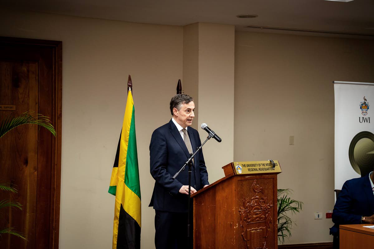 Member of the European Parliament and Chair of the Committee on Foreign Affairs, David McAllister, delivering the distinguished lecture marking more than 50 years of diplomatic relations between the EU and Jamaica, at the Regional Headquarters of the Unive