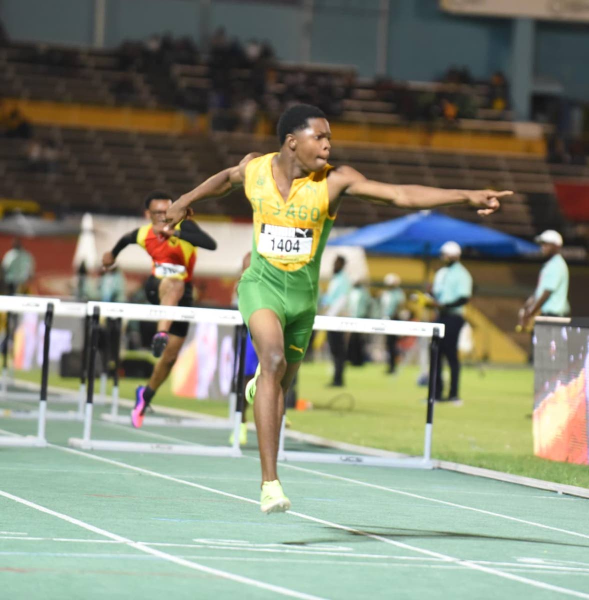 Marquies Page of St Jago High School blazes to a record-breaking 12.98 seconds to win his boys’ Class Two 110m hurdles semi-final at the ISSA GraceKennedy Boys and Girls Athletics Championships at the National Stadium on March 27, 2026. (Ian Allen photo)