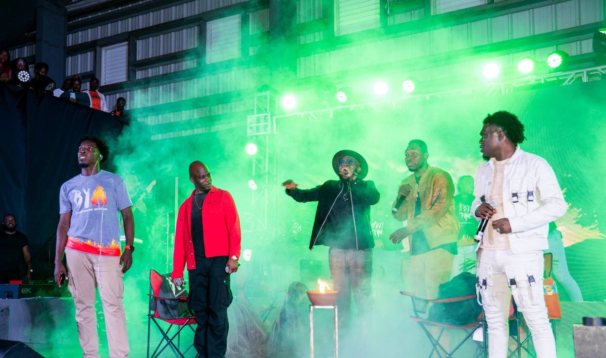 Sharing the stage for a moment to remember are (from left) Johnmark Wiggan, Rondell Positive, Kevin Downswell, Prince Saj and Rian Davis, during a segment called Velocity at the launch of ‘By Fire’.