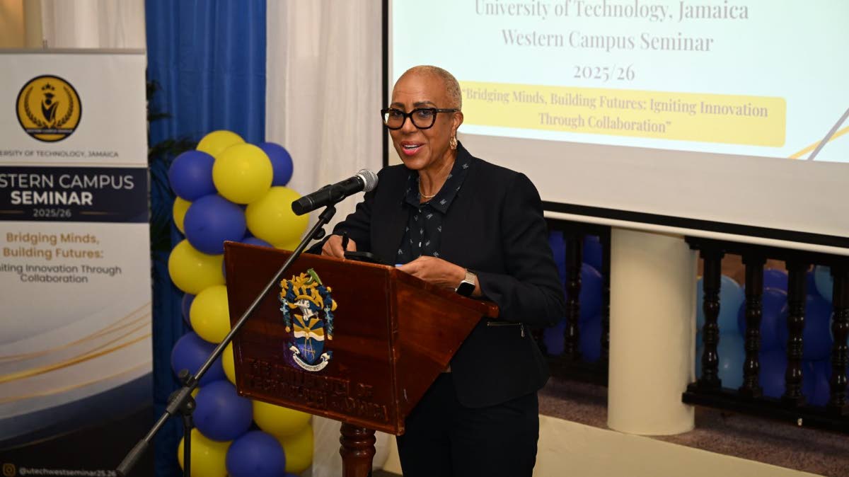 Fayval Williams, minister of finance and the public service, speaking at the University of Technology Western Campus Business Seminar. 