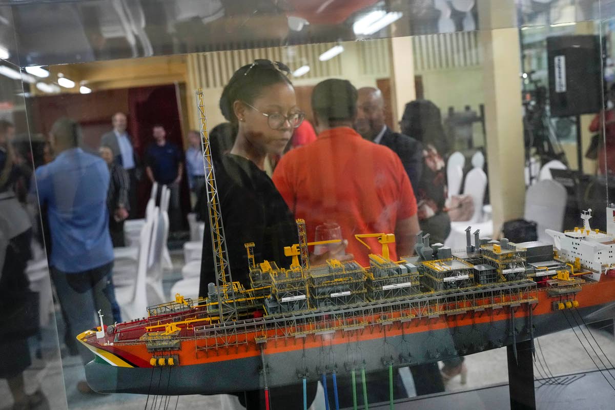 A small-scale model of the Fpso Liza Destiny oil drilling ship is on display during the inauguration of a permanent exhibit by ExxonMobil Oil at the Guyana National Museum in Georgetown, Guyana, in 2023.