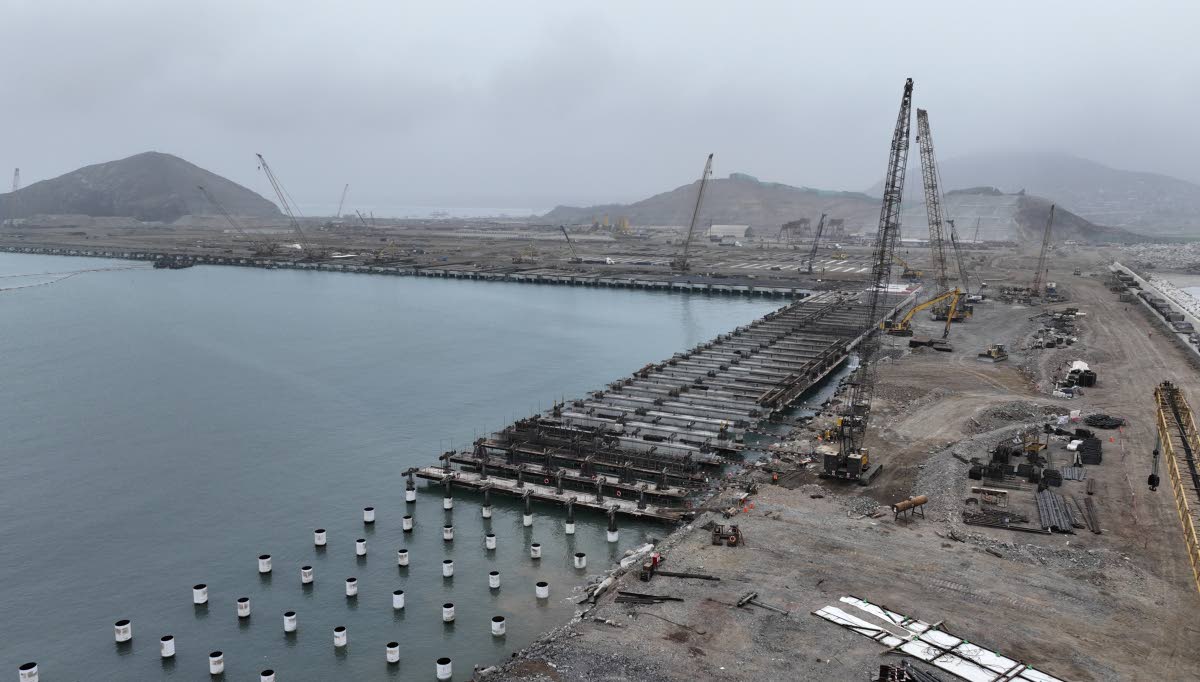 Cranes work in the construction of the Chancay Multipurpose Port Terminal, built by Chinese company in Chancay, Peru.