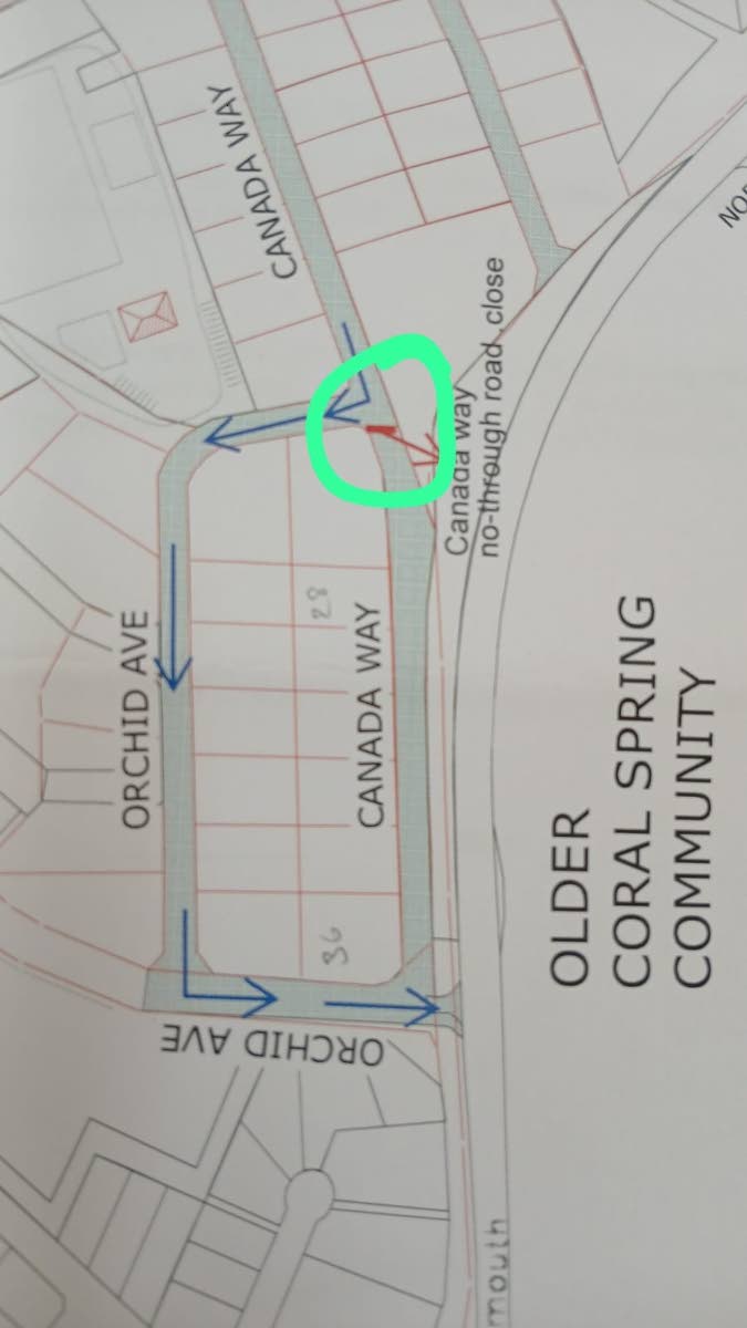 Map highlighting section of Canada Way that is intended to be cut off from vehicular traffic, with the traffic diverted along Orchid Avenue. 