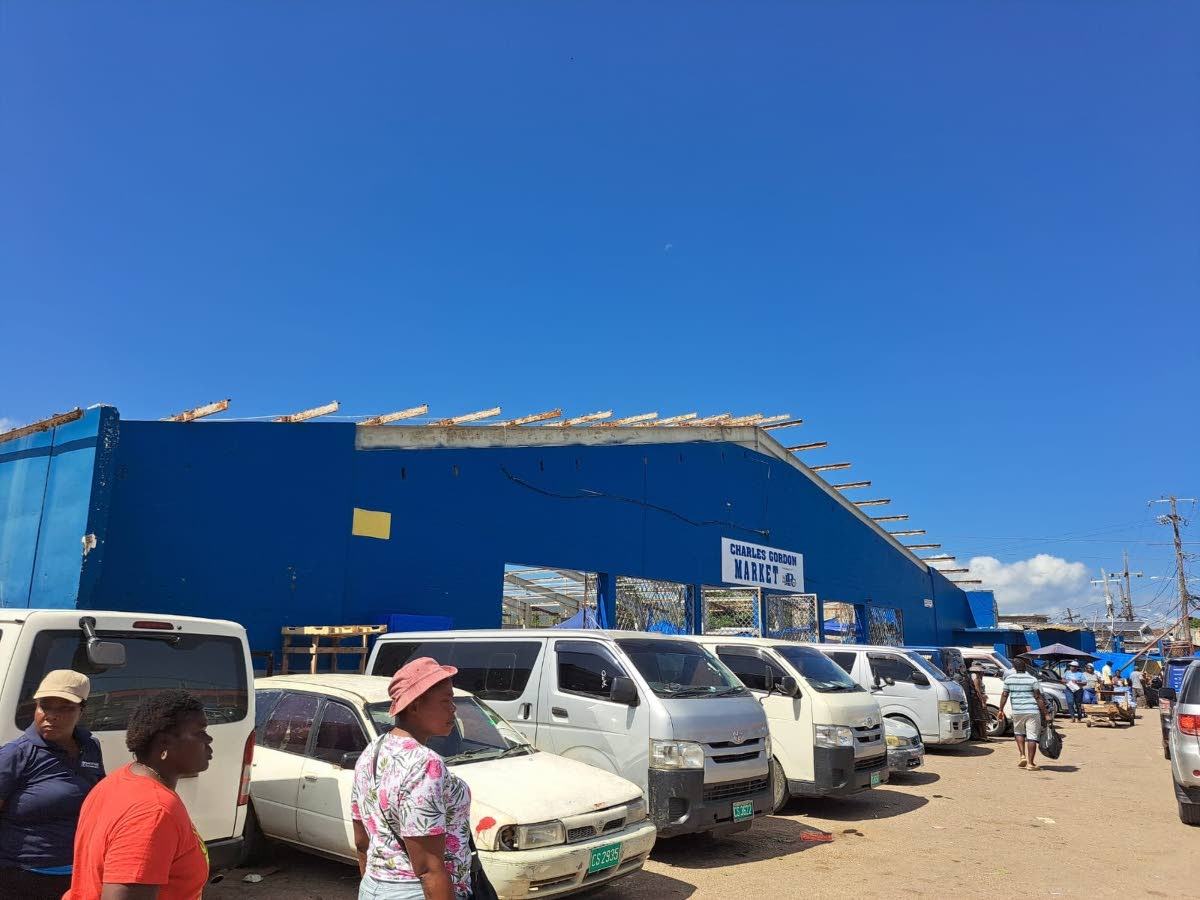 The outside of the Charles Gordon Market in Montego Bay, St James, which was significantly damaged following the passage of Hurricane Melissa on October 28, 2025.