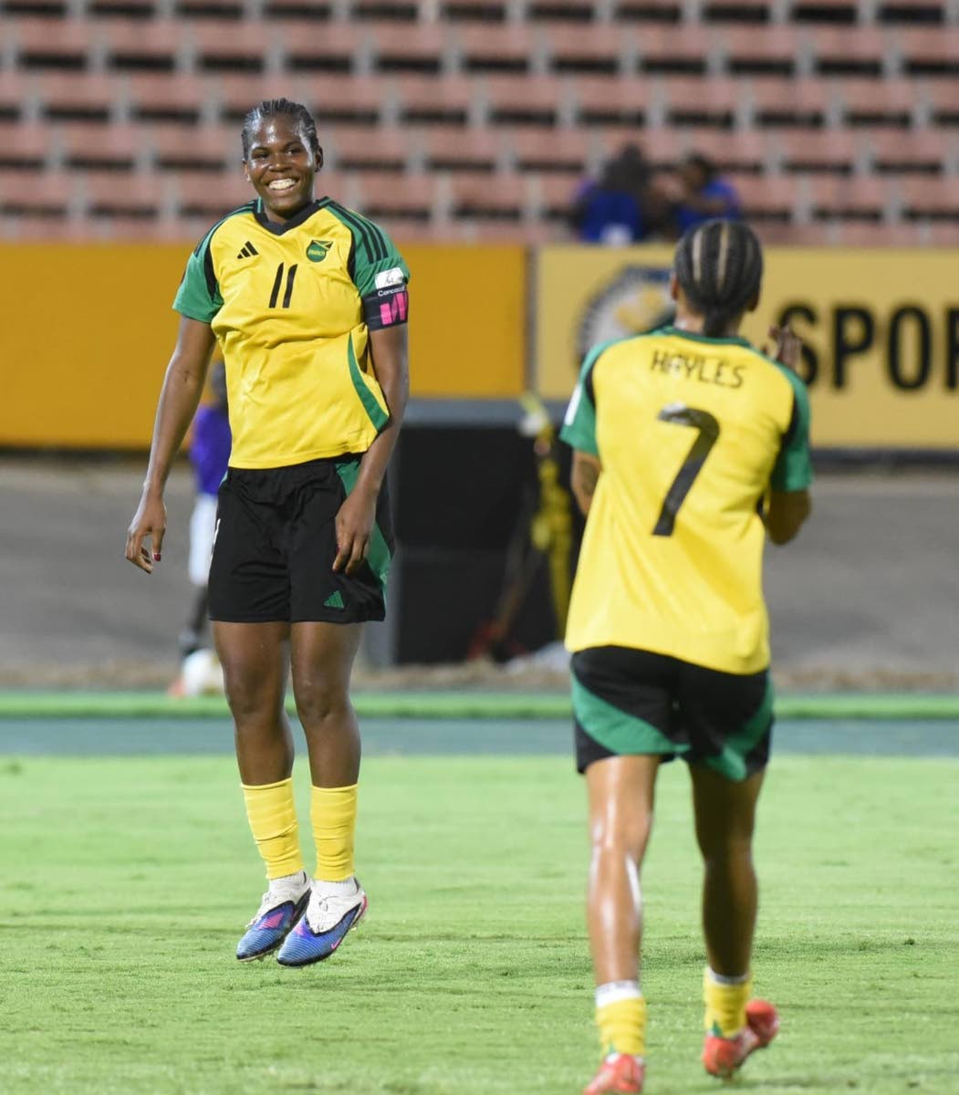 
Jamaica’s Khadija ‘Bunny’ Shaw celebrates after scoring against Antigua and Barbuda during their Concacaf Women’s  qualifying match at the National Stadium on Friday night. 