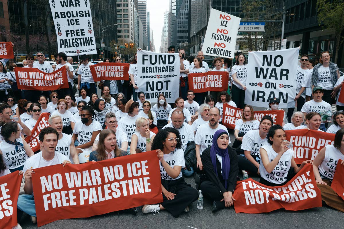Chelsea Manning, bottom second left, and protesters with Jewish Voice for Peace block traffic during a demonstration outside the New York office of US Senator Chuck Schumer, calling for an end to the US-Israel war with Iran and opposing US weapons support,