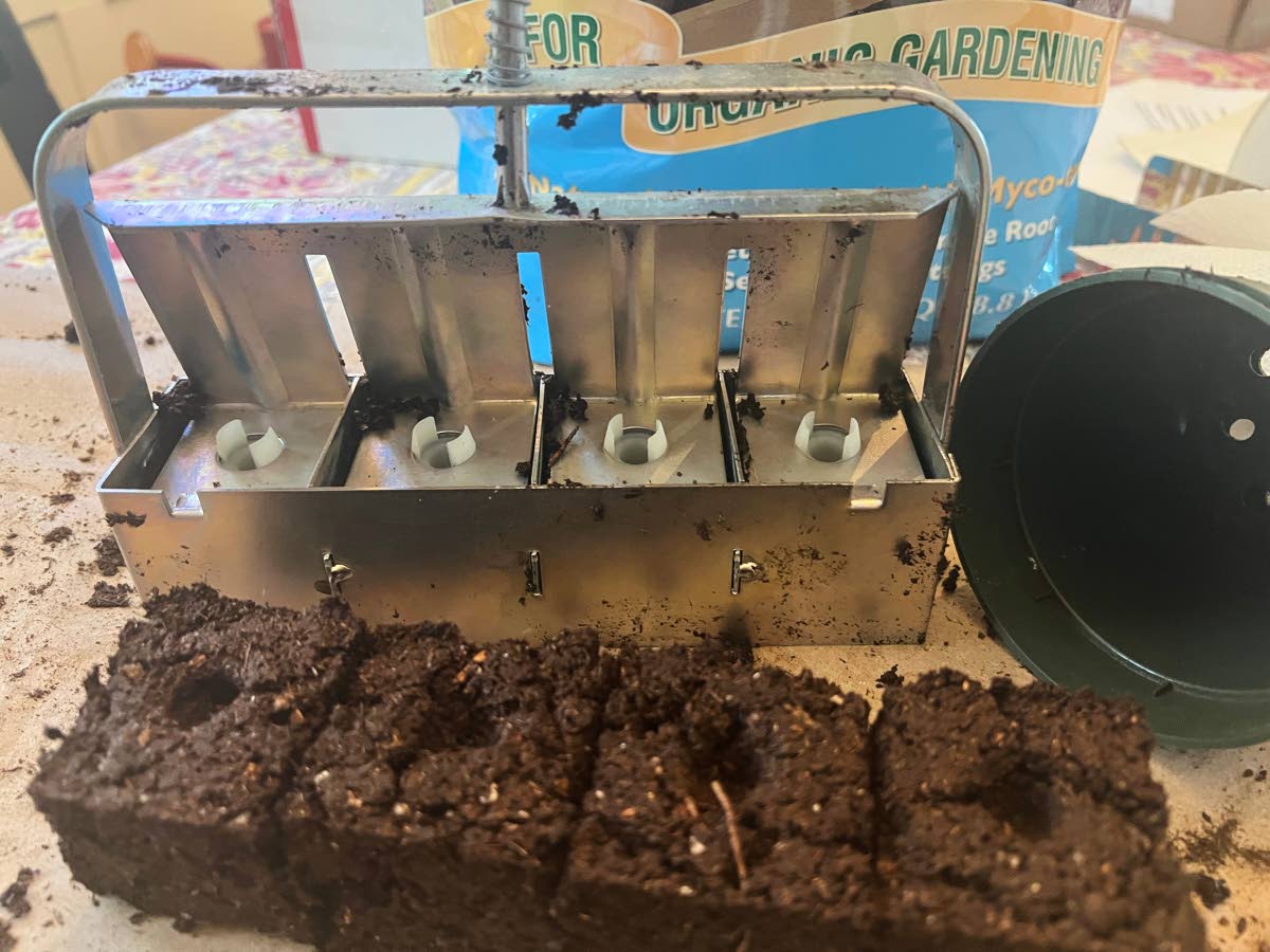 Freshly made soil blocks and a four-cell, hand-held soil blocker.