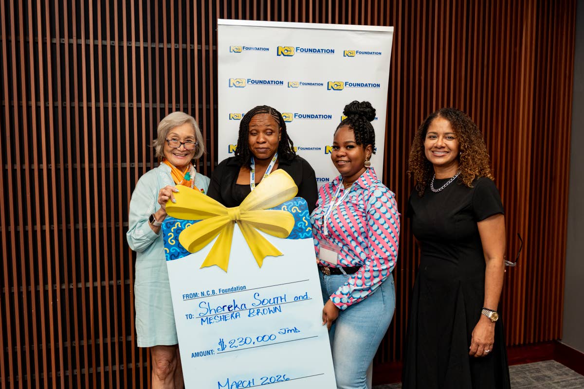 From left: Thalia Lyn, chair of the NCB Foundation, awards Mesheka Brown, Grant a Wish beneficiary, as her aunt Shereka South and Sheree Martin, interim CEO, National Commerical Bank Jamaica Limited, look on.
