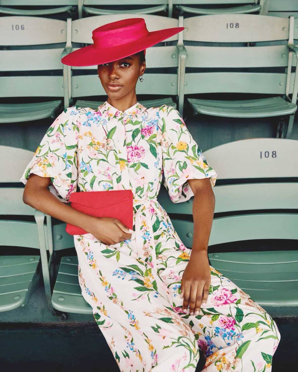 Tami Williams – lensed in the stands at the Santa Anita Park in California – is raceday haute in Phase Eight’s Camilla floral wide leg jumpsuit. 