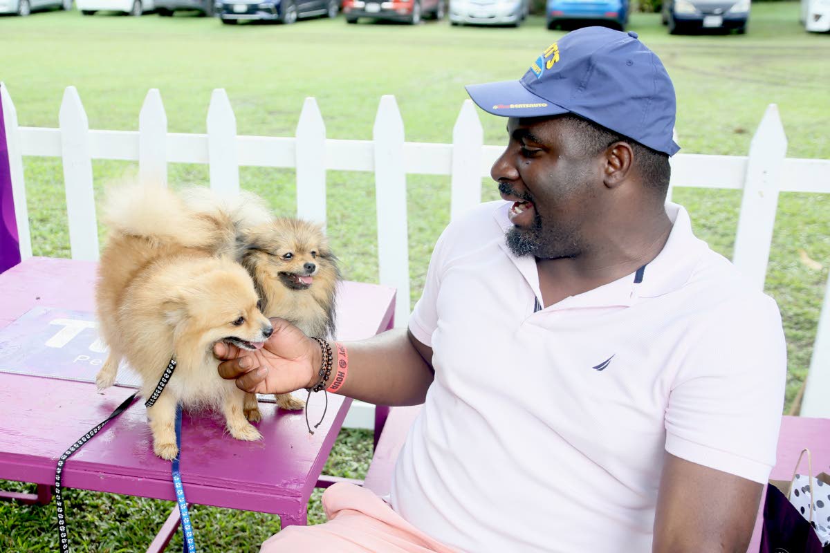 Omielo Walker pets his Pomeranian, Athena (left), and Lord Carlrossi, following a break from the True Pet dog park and agility course.