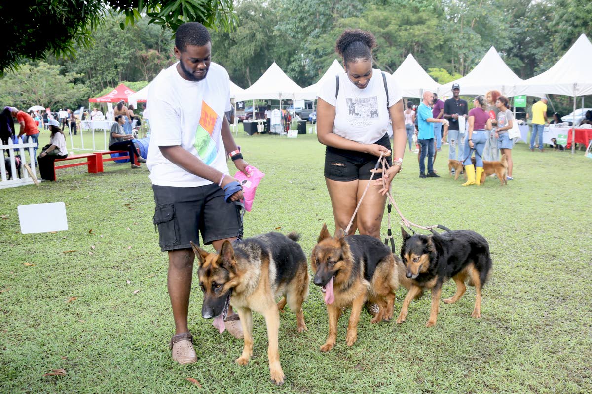 left: First-time attendees, Shinell Allison and Russell Nelson, take their German shepherds (from left) Desel, Sky and Daisy, out for a stroll.
