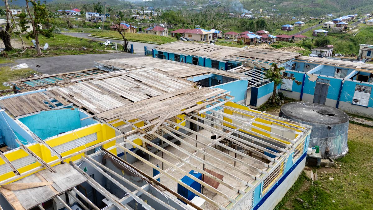 This photo shows damaged roof of Darliston Primary School destroyed by Hurricane Melissa last October.