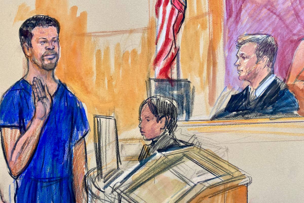 This courtroom sketch depicts Cole Tomas Allen, left, the California man arrested in the shooting incident at the correspondents dinner in Washington, seen appearing before Magistrate Judge Matthew J. Sharbaugh, in federal court, Monday, April 27, 2026 in 