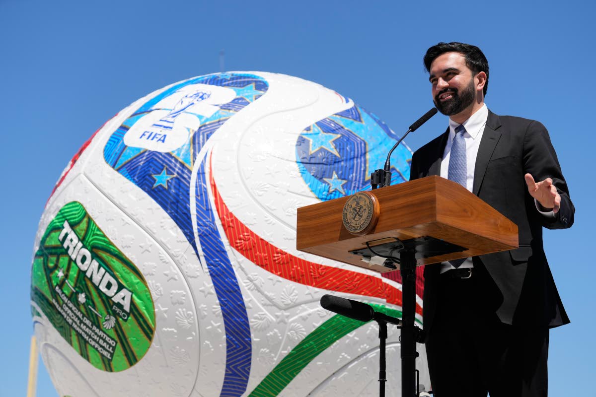 New York City Mayor Zohran Mamdani speaks in front of a large football ball during a news conference in the Staten Island borough of New York, Monday, April 27, 2026. (AP Photo/Seth Wenig)
