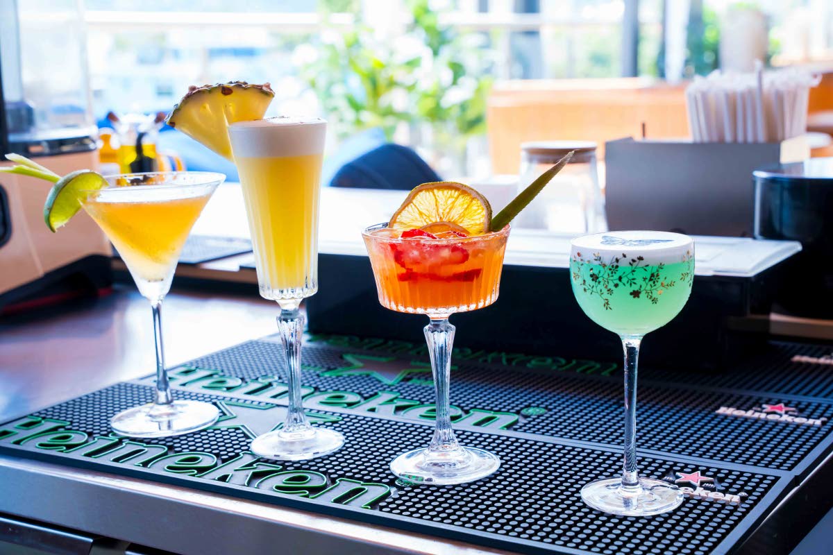 From left: the za’atar breeze martini, cardamom kiss, Santorini sunset and blue capri. 