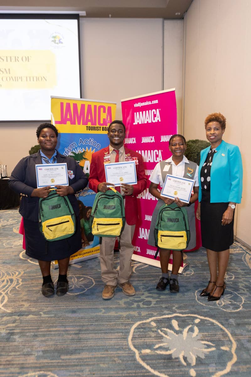 Lucretia Green, manager for the Tourism Information Centre at the Jamaica Tourist Board, shares a photo-op with the top-three finishers (from left) Govaunia James, Nathan Clarke and ThaeJadore Kerr.