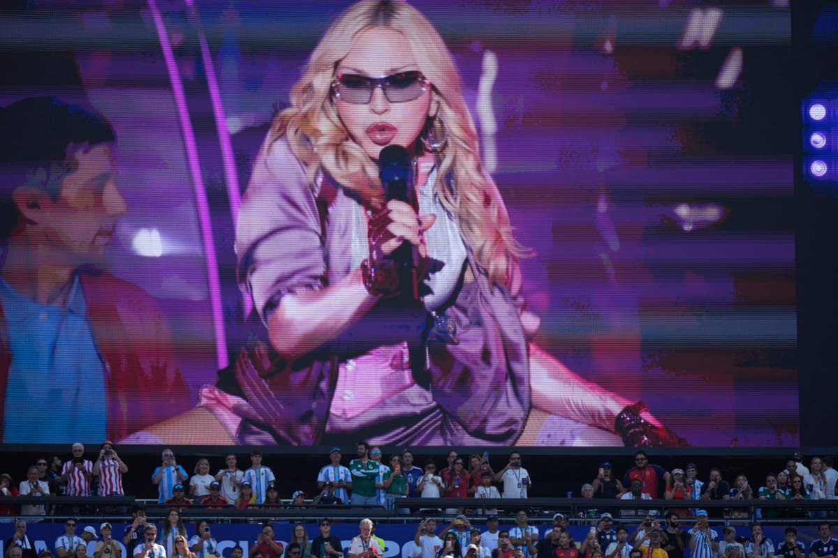 Spectators watch as Madonna performs during half time of the World Cup final.