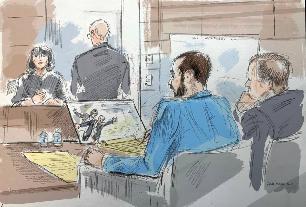 In this courtroom sketch, a witness describes video of an alleged attack on Salman Rushdie by Hadi Matar, in federal court in Buffalo, NY, on Wednesday, July 22, 2026. Matar, foreground, is seated with his lawyer’s co-council.