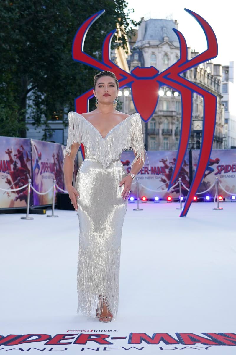 Florence Pugh impresses on the London red carpet for ‘Spider-Man: Brand New Day’ in a fringe gown by Tamara Ralph Couture. 