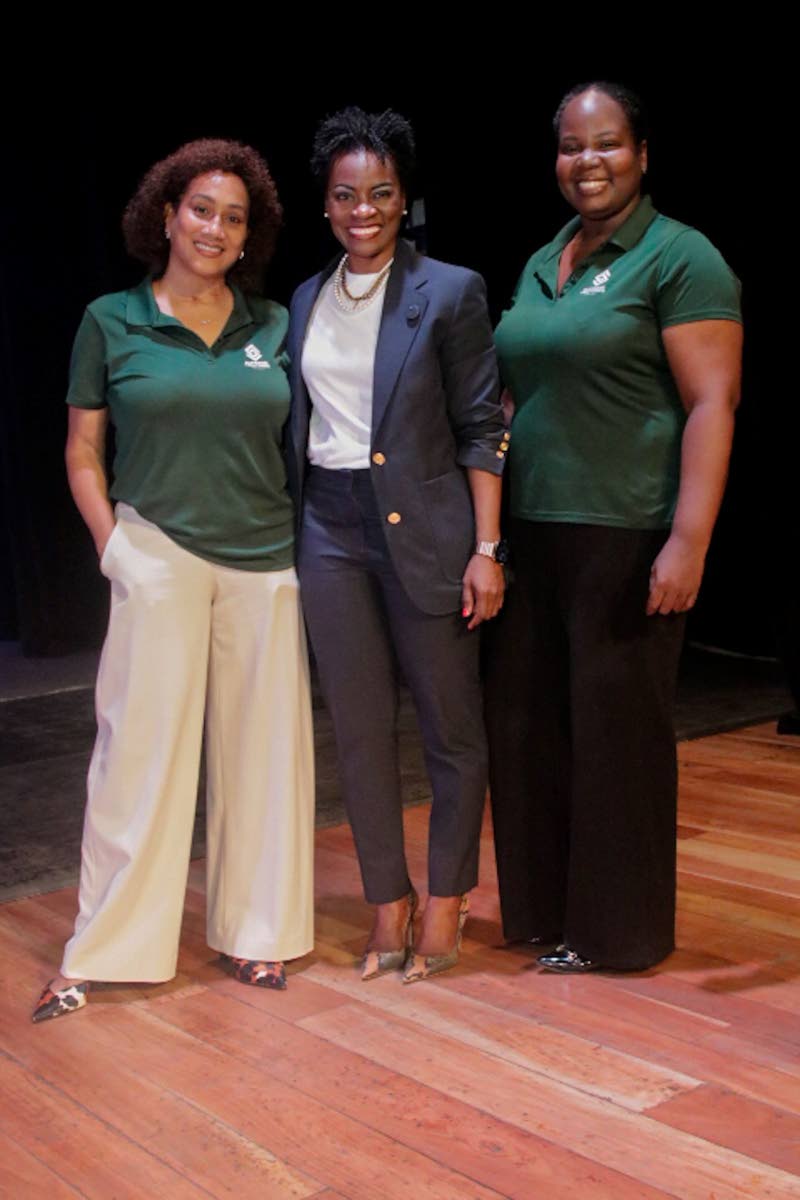 On the historic Little Theatre stage are Heather Goldson, director, Supreme Ventures Foundation; Marisa Benain, executive director of the Little Theatre, and Chloleen Daley-Muschett,  assistant vice-president for public relations and corporate affairs at S