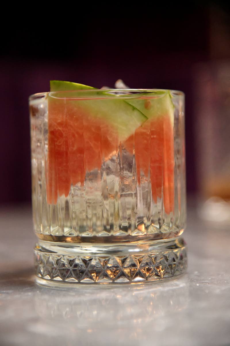 The clarified watermelon: watermelon and gin, served over ice