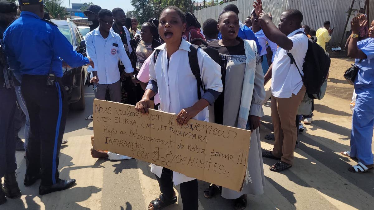 Health workers at the epicentre of the Ebola outbreak protest over unpaid wages at the provincial governor’s office in Ituri, eastern Congo, on Thursday.