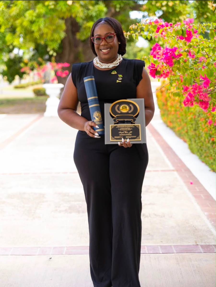 The 2026 Governor-General’s Achievement Award (GGAA) recipient, Kaydia Clair, proudly displays her plaque following the awards ceremony, held at King’s House in St Andrew last month.