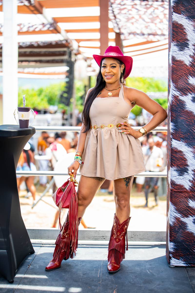 Patricia Patterson brought rodeo glamour to Daybreak: Western Soirée in a neutral romper, burgundy cowboy boots and a matching hat that turned her Western moment up several notches.
