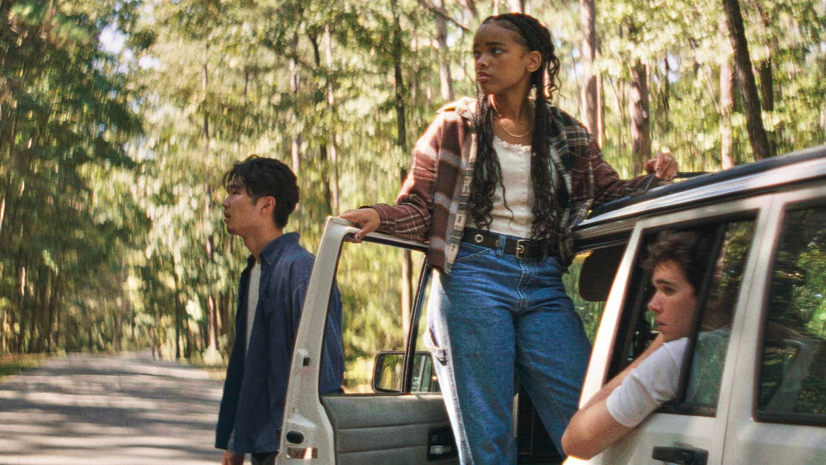 This image released by Neon shows (from left) Phinehas Yoon,  Akira Jackson, and Noah Toth in a scene from ‘It Ends’. 