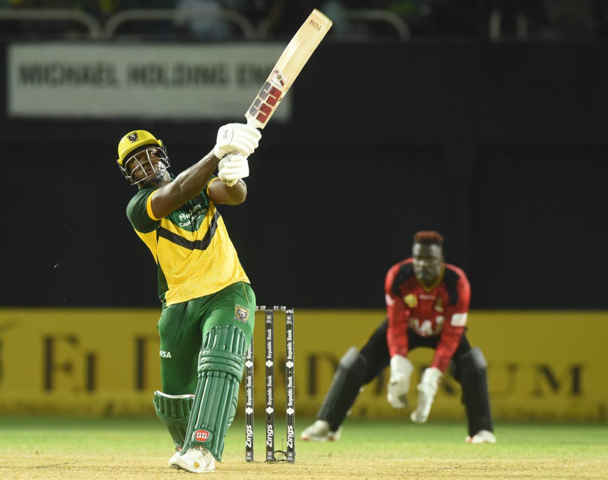 Rovman Powell on the go during his 49 against the St Kitts and Nevis Patriots in the Caribbean Premier League match at Sabina Park on Tuesday.