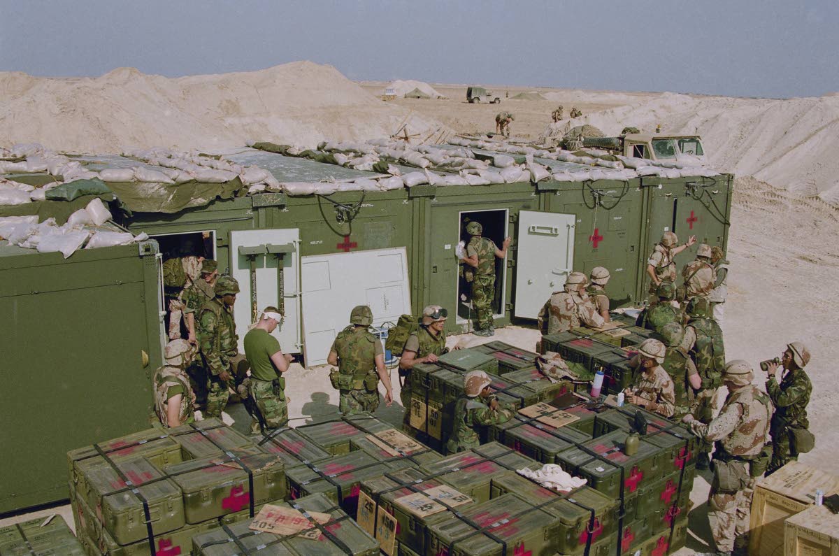 A US Marine field hospital is set up in the Saudi Arabian Desert on January 17, 1991, as part of Operation Desert Storm. 