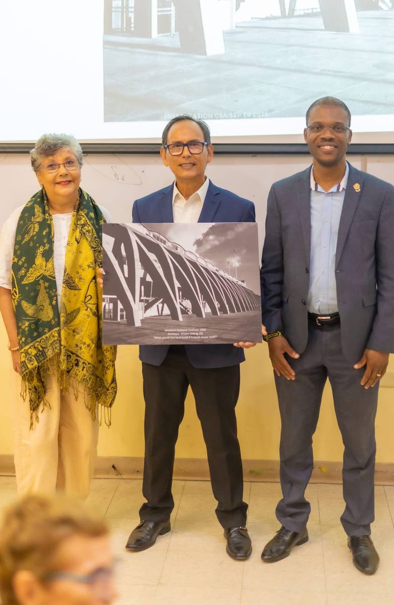 Andrew Chong (centre), son of architect Wilson Chong, shares a moment with Dr Kevin Brown (right), president of the University of Technology, Jamaica, and Associate Professor Elizabeth Pigou-Dennis, vice-dean of the Faculty of the Built Environment, follow