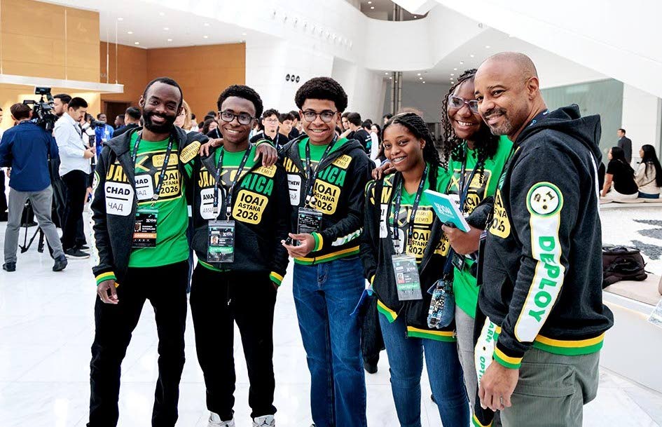 From left, coach Chad Sutherland, Matthew Williams, Amari Cross, Tori Senior, Jozanne Thompson, and team leader Marvin G. Hall, who represented Jamaica at the recent International Olympiad of AI in Astana, Kazakhstan.